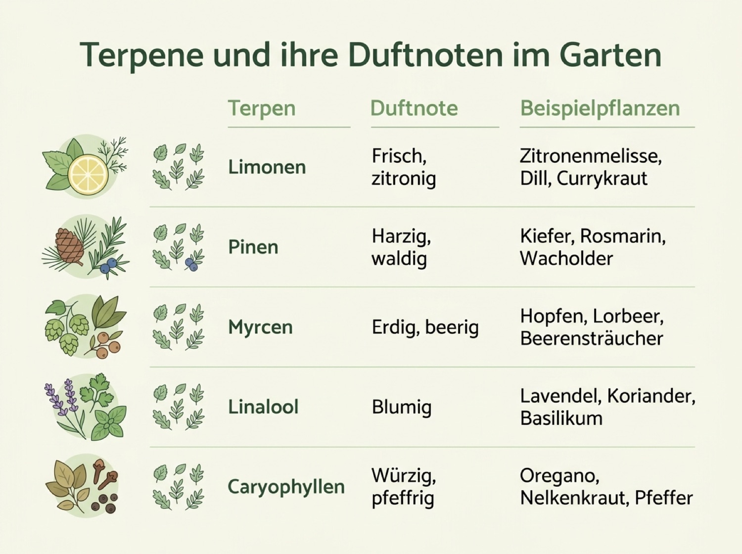 Infografik: Übersicht der wichtigsten Terpene und ihrer Duftnoten im Garten
