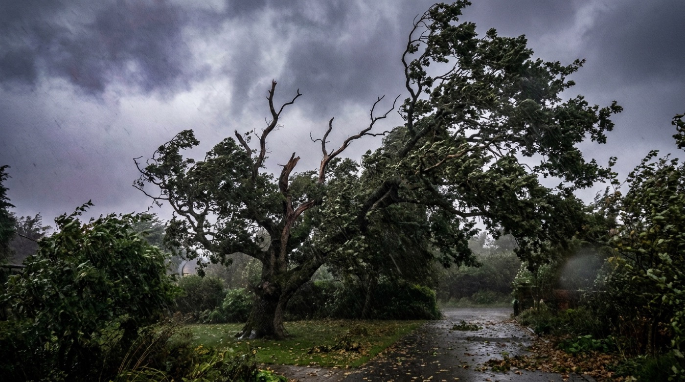 Baum im Garten wird auf Sturmschäden und Standsicherheit geprüft