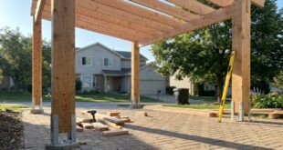 Carport aus Holz im Rohbau mit Pfosten und Dachkonstruktion