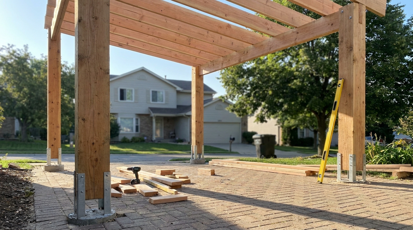 Carport aus Holz im Rohbau mit Pfosten und Dachkonstruktion